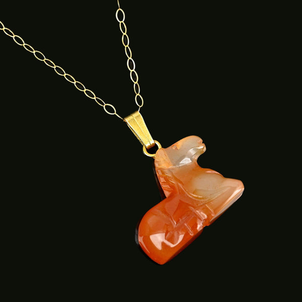 Vintage 9K Gold Carved Horse Carnelian Pendant Necklace - Boylerpf