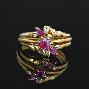 14K Gold Triple Band Diamond Ruby Cluster Ring - Boylerpf