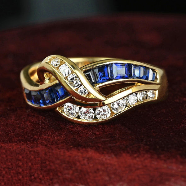 Vintage 14K Gold Ribbon Style Diamond Sapphire Ring - Boylerpf