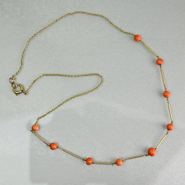Antique Edwardian 9K Gold Natural Coral Station Necklace