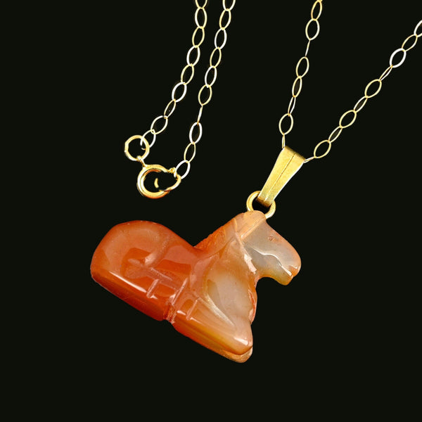 Vintage 9K Gold Carved Horse Carnelian Pendant Necklace - Boylerpf