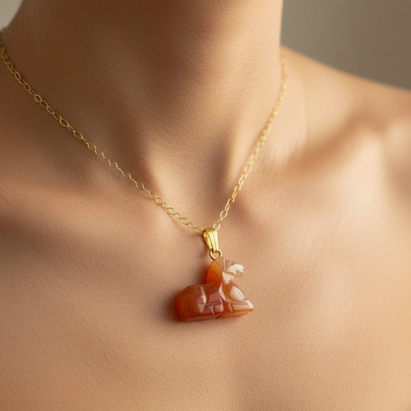 Vintage 9K Gold Carved Horse Carnelian Pendant Necklace - Boylerpf