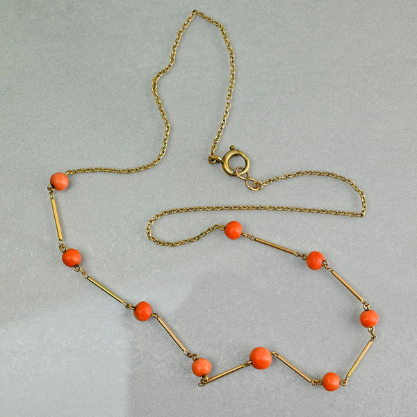 Antique Edwardian 9K Gold Natural Coral Station Necklace