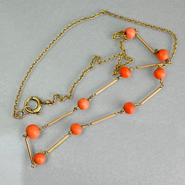 Antique Edwardian 9K Gold Natural Coral Station Necklace