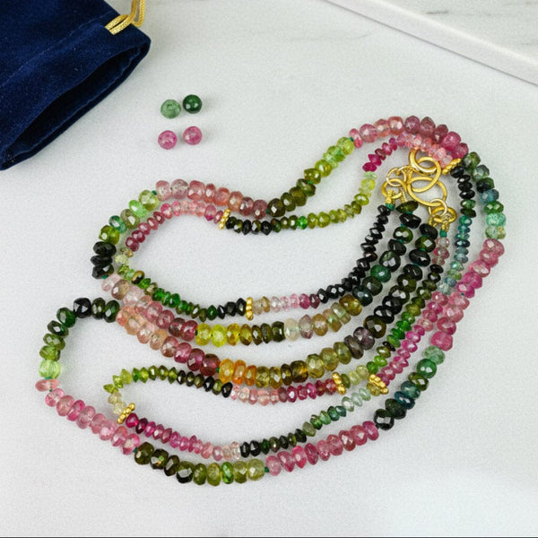 Natural Tourmaline Double Strand Necklace, 14K Gold