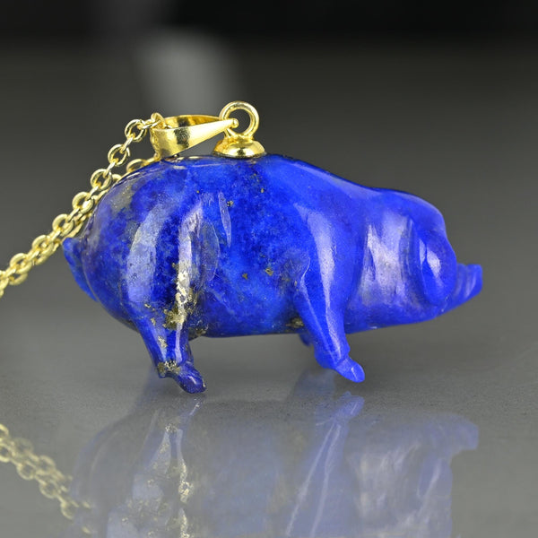 Vintage Lapis Lazuli Pig Pendant in Gold Vermeil