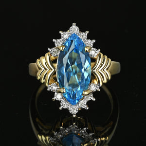 Vintage Gold Marquise Blue Topaz Diamond Cluster Ring - Boylerpf