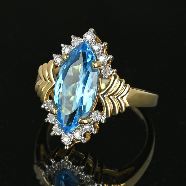 Vintage Gold Marquise Blue Topaz Diamond Cluster Ring - Boylerpf