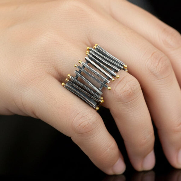 Modernist Sterling Silver 18K Gold Wide Band Ring