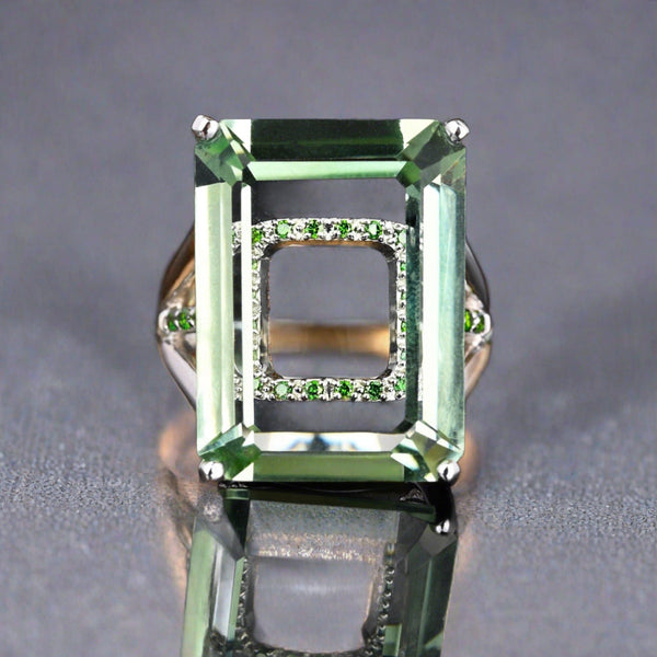 14K White Gold Green Diamond Underpass Prasiolite Ring - Boylerpf
