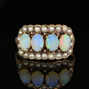 Antique Victorian 14K Gold Pearl Halo Opal Ring, East West - Boylerpf