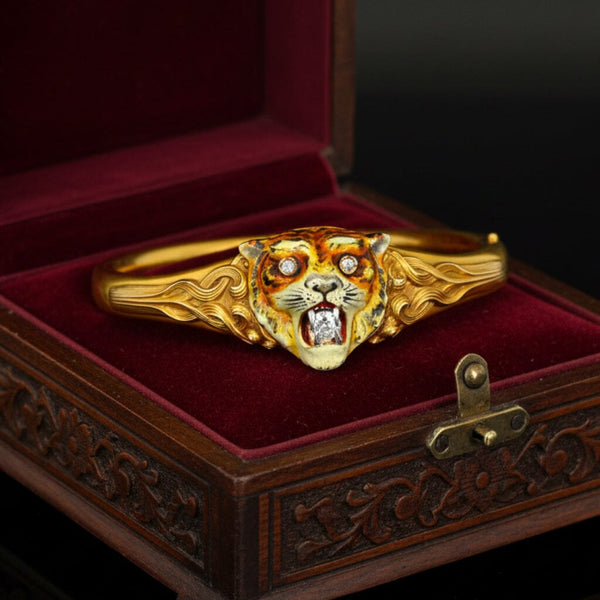 Antique Art Nouveau 14K Gold Diamond Enamel Tiger Bangle