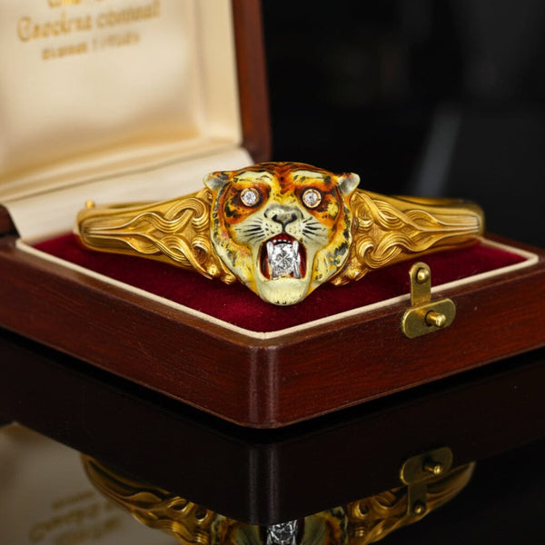 Antique Art Nouveau 14K Gold Diamond Enamel Tiger Bangle