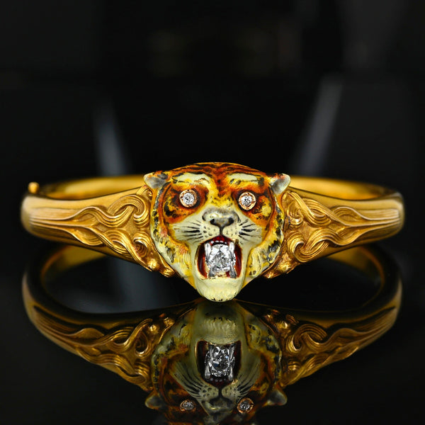 Antique Art Nouveau 14K Gold Diamond Enamel Tiger Bangle
