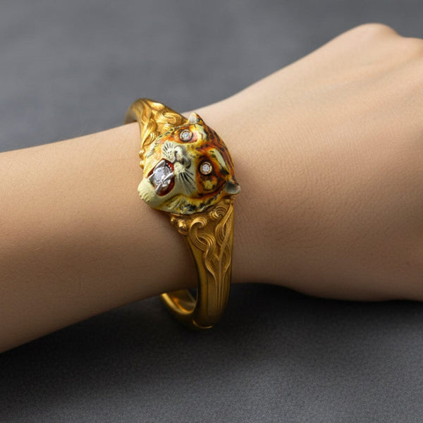 Antique Art Nouveau 14K Gold Diamond Enamel Tiger Bangle