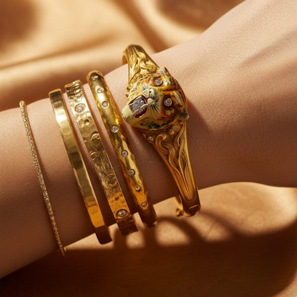 Antique Art Nouveau 14K Gold Diamond Enamel Tiger Bangle