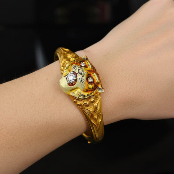 Antique Art Nouveau 14K Gold Diamond Enamel Tiger Bangle