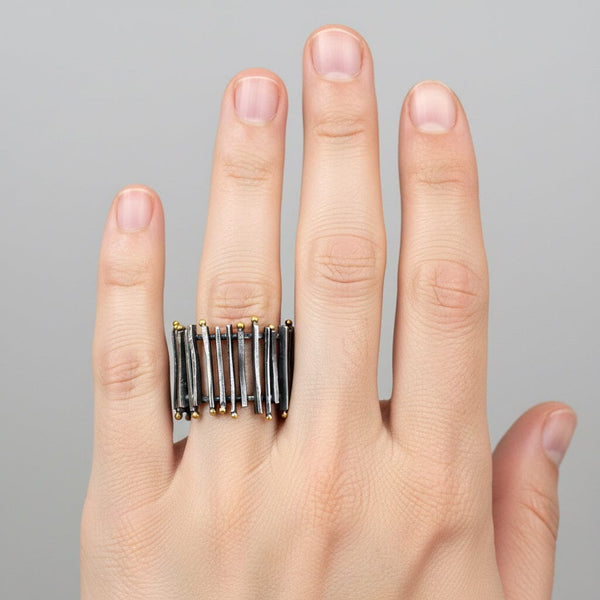 Modernist Sterling Silver 18K Gold Wide Band Ring