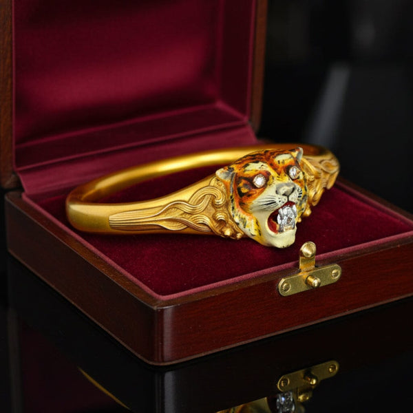 Antique Art Nouveau 14K Gold Diamond Enamel Tiger Bangle
