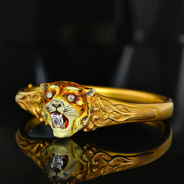 Antique Art Nouveau 14K Gold Diamond Enamel Tiger Bangle