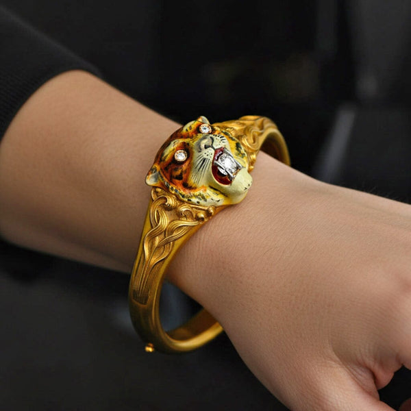 Antique Art Nouveau 14K Gold Diamond Enamel Tiger Bangle