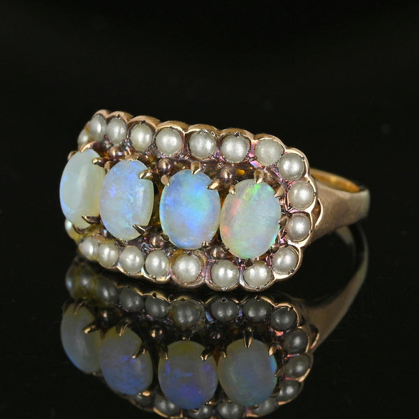 Antique Victorian 14K Gold Pearl Halo Opal Ring, East West - Boylerpf