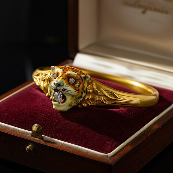 Antique Art Nouveau 14K Gold Diamond Enamel Tiger Bangle