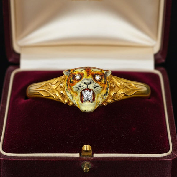 Antique Art Nouveau 14K Gold Diamond Enamel Tiger Bangle