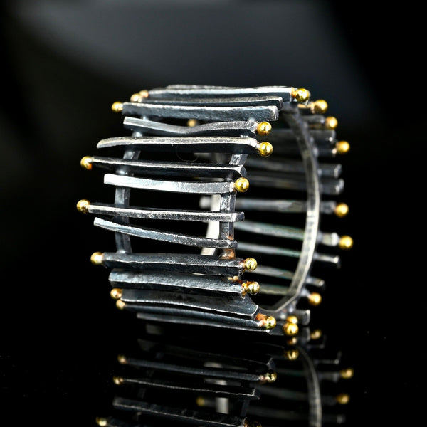 Modernist Sterling Silver 18K Gold Wide Band Ring