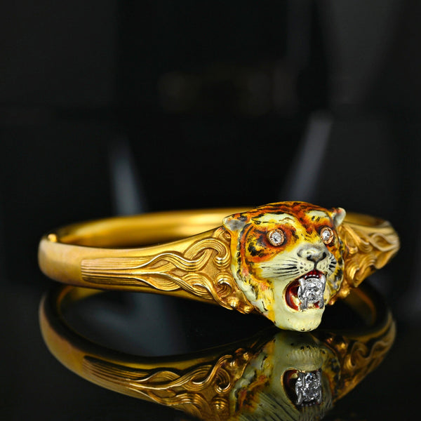 Antique Art Nouveau 14K Gold Diamond Enamel Tiger Bangle