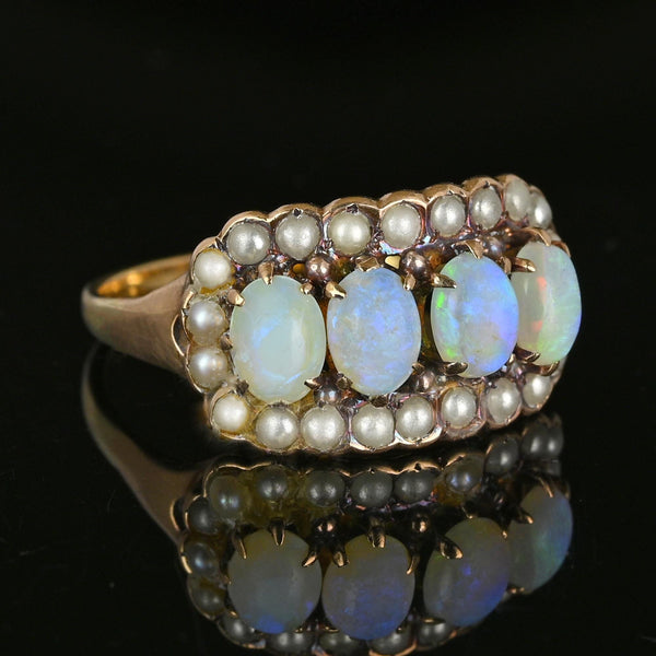 Antique Victorian 14K Gold Pearl Halo Opal Ring, East West - Boylerpf