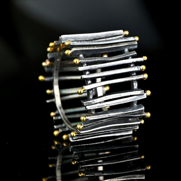 Modernist Sterling Silver 18K Gold Wide Band Ring