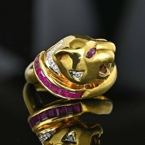 Statement Retro 14K Gold Ruby Diamond Panther Ring - Boylerpf