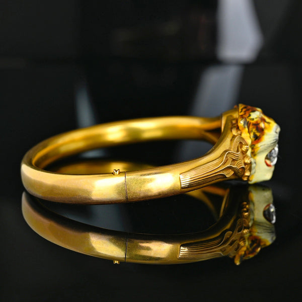 Antique Art Nouveau 14K Gold Diamond Enamel Tiger Bangle