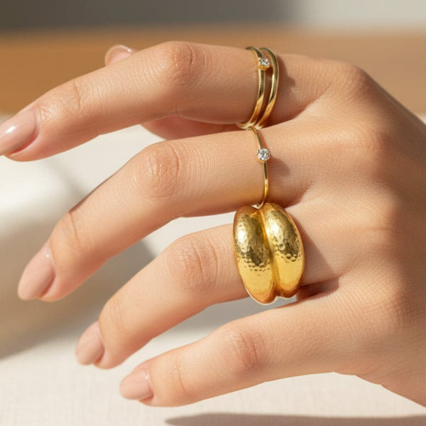 Vintage 18K Gold Wide Hammered Dome Statement Ring