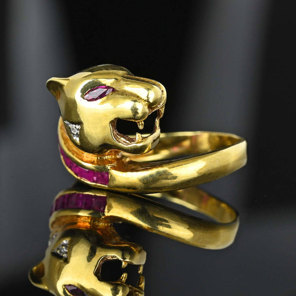 Statement Retro 14K Gold Ruby Diamond Panther Ring - Boylerpf