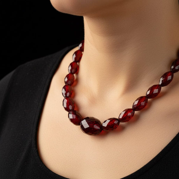 Art Deco Cherry Amber Bakelite Bead Necklace - Boylerpf