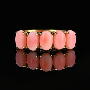 14K Gold Five Stone Salmon Coral Cabochon Half Hoop Ring - Boylerpf