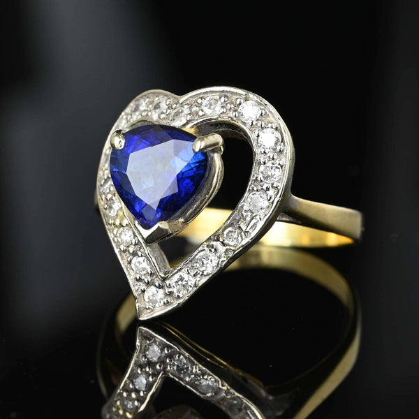 Vintage 14K Gold Diamond Halo Witches Heart Sapphire Ring - Boylerpf