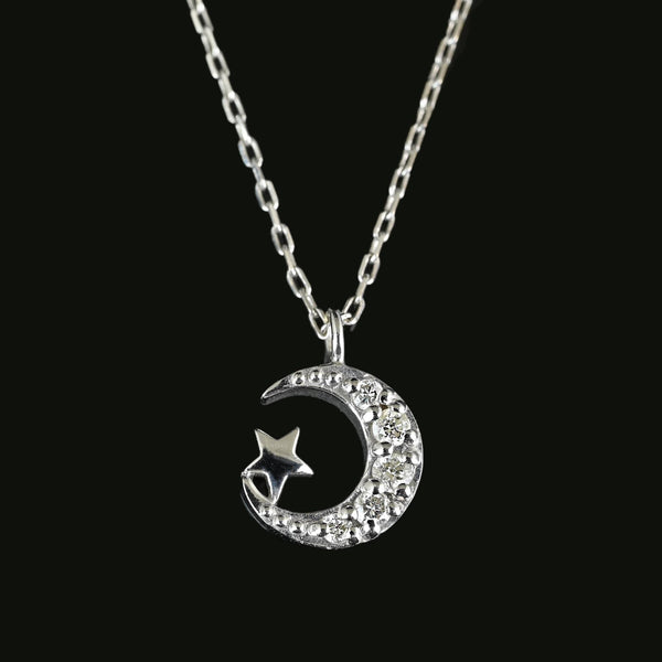 Petite Vintage Diamond Crescent Moon Star Pendant Necklace - Boylerpf