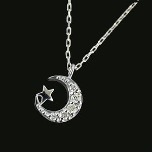 Petite Vintage Diamond Crescent Moon Star Pendant Necklace - Boylerpf