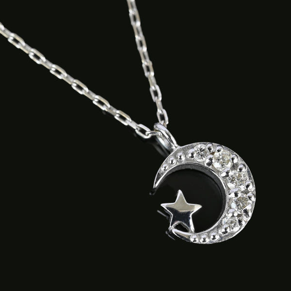 Petite Vintage Diamond Crescent Moon Star Pendant Necklace - Boylerpf