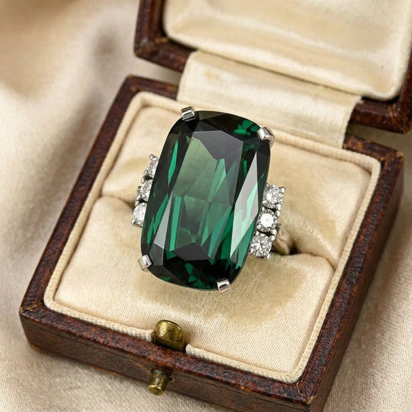 Vintage Platinum Green Tourmaline and Diamond Cocktail Ring