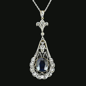 Edwardian Mine Cut Diamond 6.5 CTW Sapphire Pendant Necklace - Boylerpf