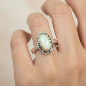 Vintage Art Deco Opal Marcasite Sterling Silver Ring - Boylerpf
