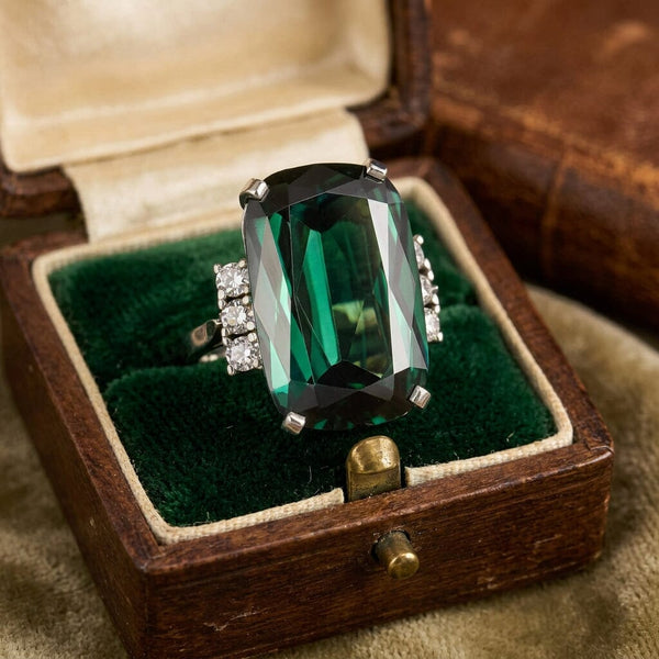 Vintage Platinum Green Tourmaline and Diamond Cocktail Ring
