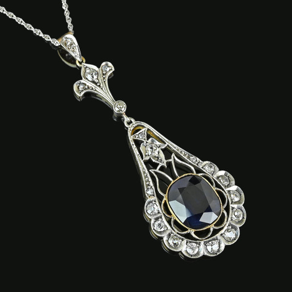 Edwardian Mine Cut Diamond 6.5 CTW Sapphire Pendant Necklace - Boylerpf