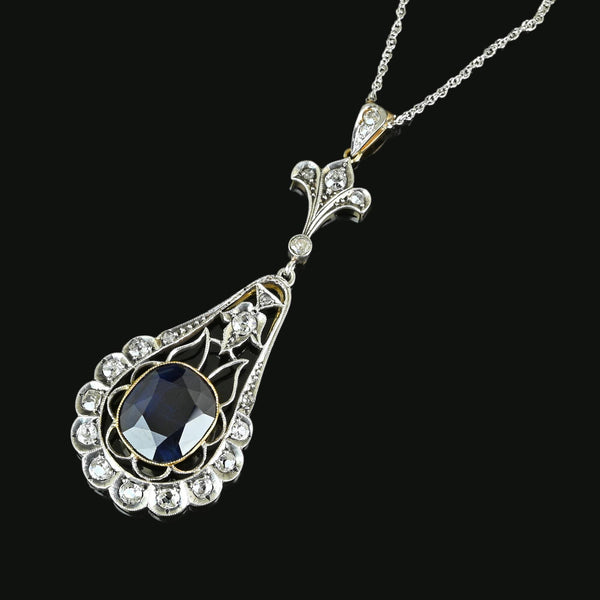 Edwardian Mine Cut Diamond 6.5 CTW Sapphire Pendant Necklace - Boylerpf