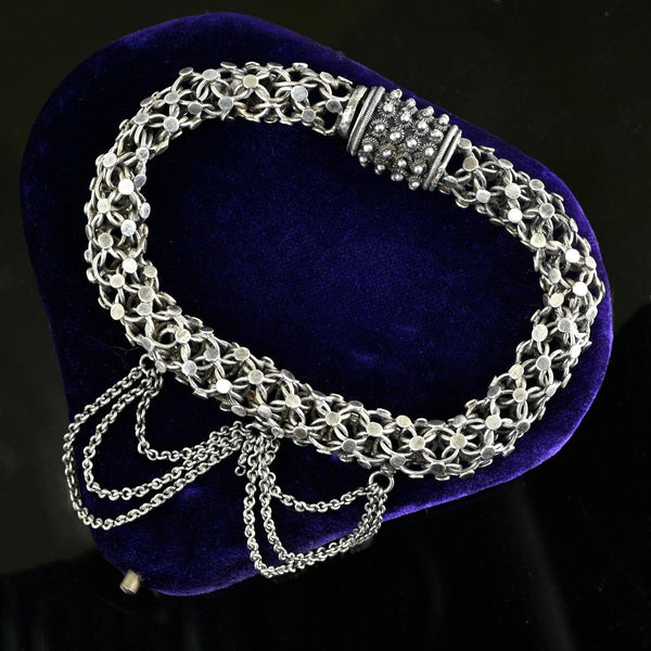 Antique Victorian Dangling Chain Fancy Link Silver Bracelet - Boylerpf