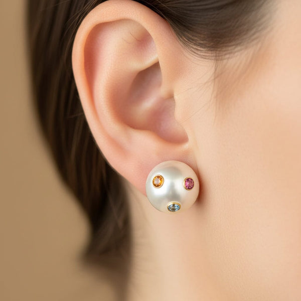 Vintage 14K Gold Multi Gemstone Pearl Stud Earrings - Boylerpf